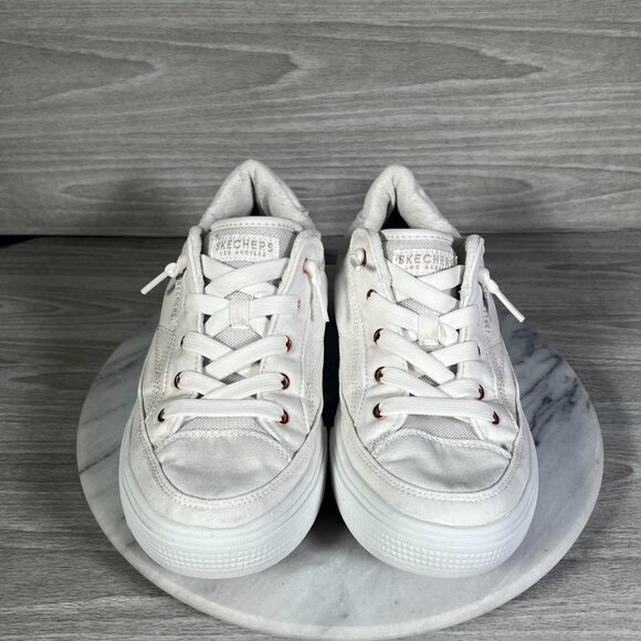 Skechers Arch Fit Arcade Womens 9 Sneakers White Canvas Rose Gold Meet Ya There - Picture 11 of 14